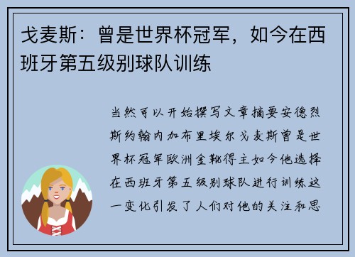 戈麦斯：曾是世界杯冠军，如今在西班牙第五级别球队训练